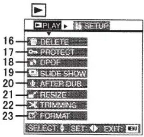 PLAY 16 DELETE 17 PROTECT 18 DPOF 19 SLIDE SHOW 20 AFTER DUB 21 RCSIZE 22 TRIMMING 23 FORMAT SELECT SET EXIT