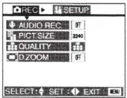 REC AUDIO REC PICTSIZE QUALITY DZOOM SELECT: SET : EXT EN