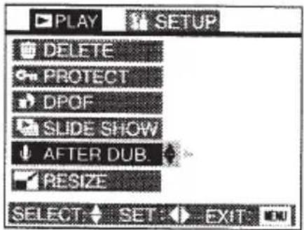 PLAY DELETE PROTECT DPOF SLIDE SHOW AFTER DUB. RESIZE SELECT: SET: EXIT