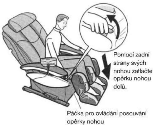 Pomoci zadní strany svých nohou zatlačte opěrku nohou dolů. Páčka pro ovládání posouvání opěrky nohou