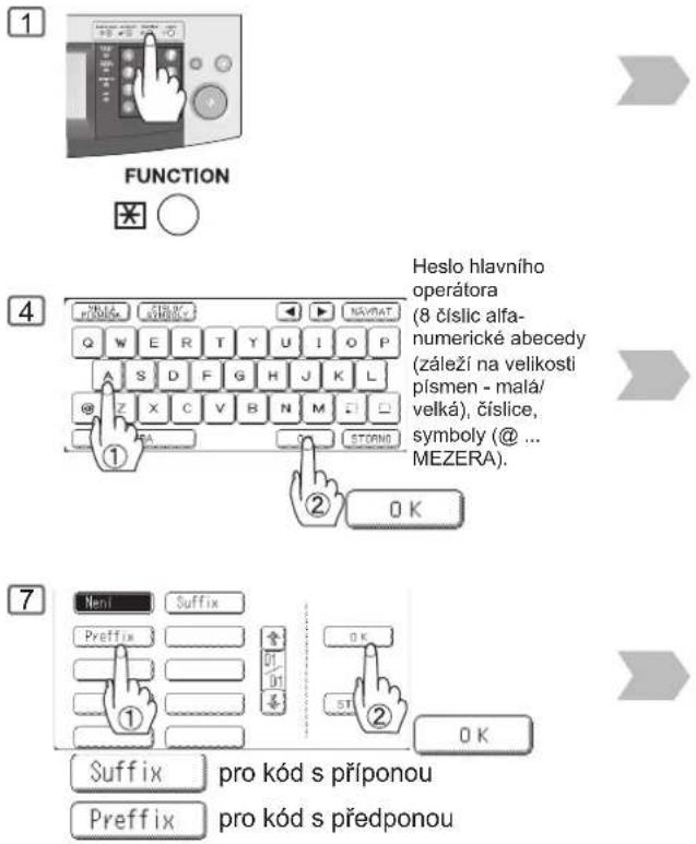 FUNCTION Heslo hlavního operátora (8 číslic alfa- numerické abecedy (záleží na velikosti písmen - malá/ velká), číslice, symboly (@ ... MEZERA). ① ② OK ③ ④ ⑦ Neni Suffix Prefix 3 01 01 01 ① ② OK Suffix pro kód s příponou Prefix pro kód s předponou
