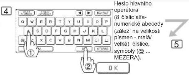 4 Heslo hlavního operátora (8 číslic alfa- numerické abecedy (záleží na velikosti písmen - malá/ velká), číslice, symboly (@ ... MEZERA). ① ② OK