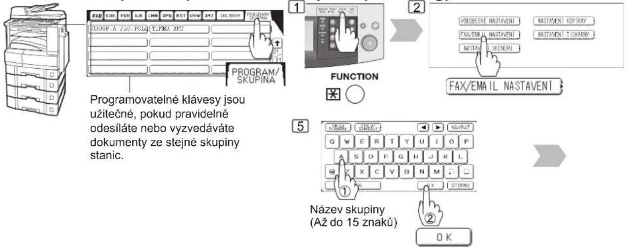 PROGRAM/SKUPINA Programovatelné klávesy jsou užitečné, pokud pravidelné odesílate nebo vyzvedáváte dokumenty ze stejné skupiny stanic. 1 FUNCTION * 2 VIEOBECNE NASTAVENÍ NASTAVENÍ KOP IRKY FAX/EMA IL NASTAVENÍ NASTAVENÍ TISKÁRNÝ NASTAVENÍ SKENERÚ FAX/EMAIL NASTAVENÍ 5 Název skupiny (Až do 15 znaků) ① ② OK