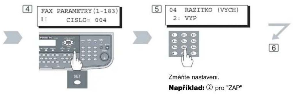 4 FAX PARAMETRY (1-183) II: CISLO= 004 5 04 RAZITKO (VYCH) 2: VYP Změňte nastavení. Například: ② pro "ZAP"