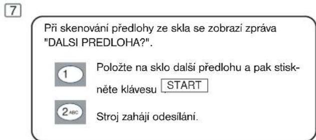 Při skenování předlohy ze skla se zobrazí zpráva "DALSI PREDLOHA?". 1 Položte na sklo další předlohu a pak stisk- něte klávesu START 2 ABC Stroj zaháji odesilání.