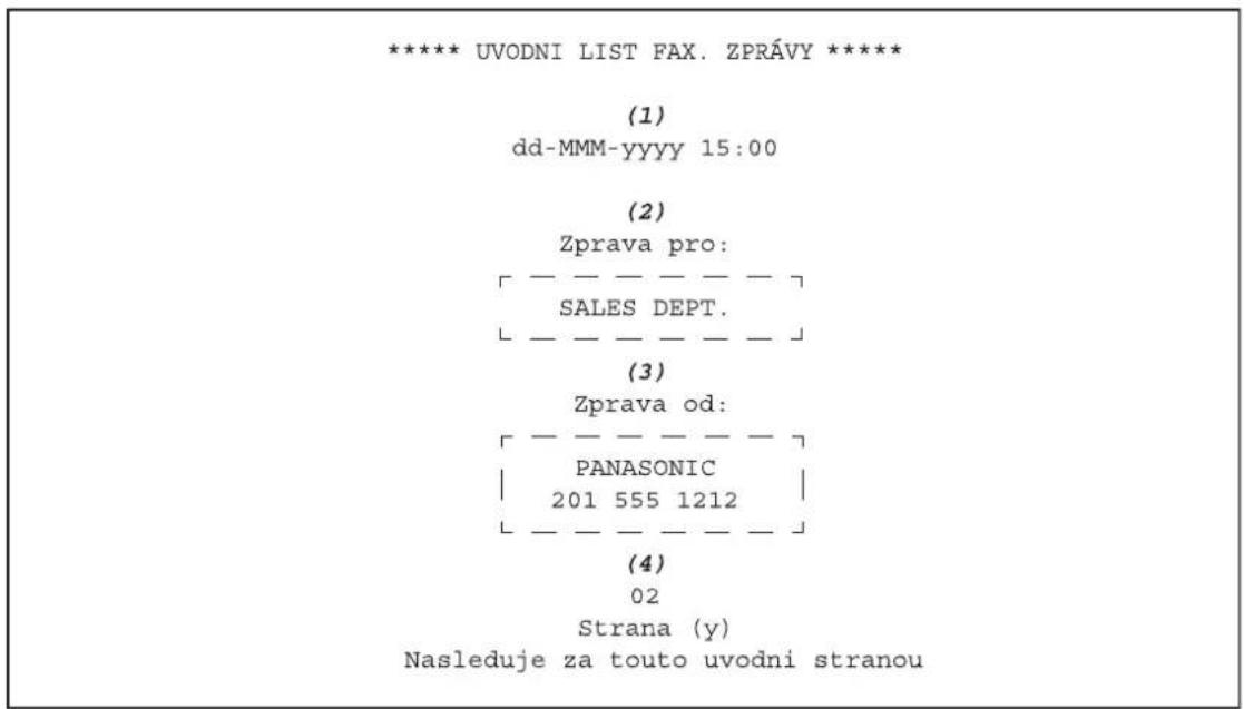 ***** UVODNI LIST FAX. ZPRÁVY ***** (1) dd-MMM-YYYY 15:00 (2) Zprava pro: [ — — — — — — ] SALES DEPT. [ — — — — — — ] (3) Zprava od: [ — — — — — — ] PANASONIC 201 555 1212 [ — — — — — — ] (4) 02 Strana (y) Nasleduje za touto uvodni stranou