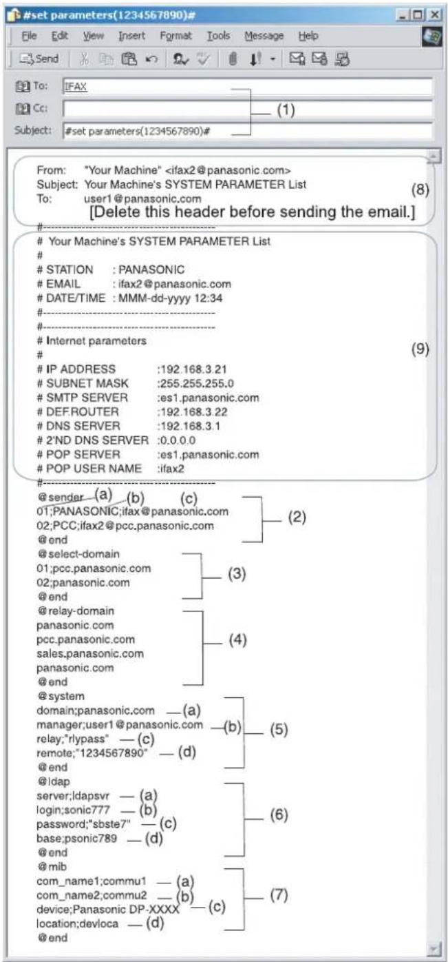 #set parameters(1234567890)# File Edit View Insert Format Tools Message Help Send To: IFAX Cc: (1) Subject: #set parameters(1234567890)# From: "Your Machine" Subject: Your Machine's SYSTEM PARAMETER List To: user1@panasonic.com [Delete this header before sending the email.] #---- Your Machine's SYSTEM PARAMETER List # STATION : PANASONIC EMAIL : ifax2@panasonic.com DATE/TIME : MMM-dd-yyyy 12:34 #---- #---- Internet parameters # IP ADDRESS :192.168.3.21 SUBNET MASK :255.255.255.0 SMTP SERVER :es1.panasonic.com DEFROUTER :192.168.3.22 DNS SERVER :192.168.3.1 2'ND DNS SERVER :0.0.0.0 POP SERVER :es1.panasonic.com POP USER NAME :ifax2 #---- @sender_(a)_(b) (c) 01:PANASONIC;ifax@panasonic.com 02:PCC;ifax2@pcc.panasonic.com @ end @ select-domain 01;pcc.panasonic.com 02:panasonic.com @ end @ relay-domain panasonic.com pcc.panasonic.com sales.panasonic.com panasonic.com @ end @ system domain;panasonic.com —(a) manager;user1@panasonic.com relay;"rlypass" —(c) remote;"1234567890" —(d) @ end @ Idap server;ldapsvr —(a) login;sonic777 —(b) password;"sbste7" —(c) base;psonic789 —(d) @ end @mib com_name1;commu1 —(a) com_name2;commu2 —(b) device;Panasonic DP-XXXX —(c) location;devloca —(d) @ end