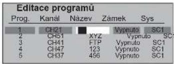 Editace programů Prog. Kanál Název Zámek Sys 1 CH21 2 CH51 XYZ Vypnuto SC1 3 CH41 FTP Vypnuto SC1 4 CH47 123 Vypnuto SC1 5 CH37 456 Vypnuto SC1