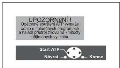 UPOZORNĚNÍ ! Opětovné spuštění ATP vymaže údaje o naladěných programech a naladí přístroj zhovu na kmitočty přijimaných vysilačů Start ATP Návrat Konec