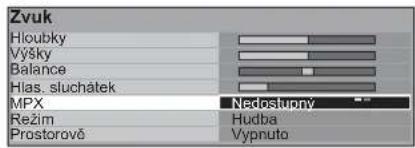 Zvuk Hioubky Výšky Balance Hlas. sluchátek MPX Nedostupný Režim Hudba Prostorové Vypnuto