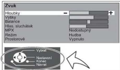 Zvuk Hloubky Výšky Balance Hlas. sluchátek MPX Režim Prostorové Nodostupný Hudba Vypnuto Vybrat Nastaveni Konec Navrat