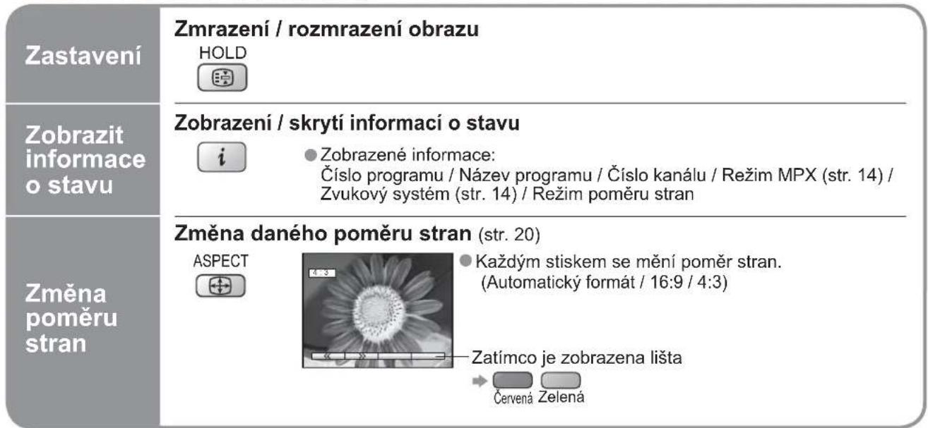 Zastavení Zmrazení / rozmrazení obrazu HOLD Zobrazit informace o stavu Zobrazení / skrytí informací o stavu i ● Zobrazené informace: Číslo programu / Název programu / Číslo kanálu / Režim MPX (str. 14) / Zvukový systém (str. 14) / Režim poměru stran Změna daného poměru stran (str. 20) ASPECT ● Každým stiskem se mění poměr stran. (Automatický formát / 16:9 / 4:3) Zatímco je zobrazena lišta → Červená Zelená