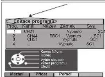 Editace programu Prog. Kanal Nazev Zamek Sys 1 CH21 Vypnuto SC1 2 CH44 BBC1 Vypnuto SC1 3 CH51 Vypnuto SC1 4 ... Vypnuto SC1 Konec Návrat Konec Vyběr soupoe Vyběr programu Uložit Mazani Pridat Poradi