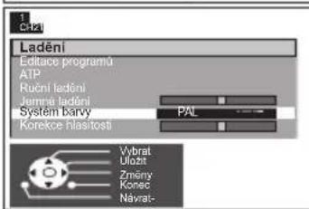 1 Ct21 Ladění Editace programů ATP Ruční ladění Janné ladění System barvy PAL Konekce hlasitosti Vybrat Uložit Změny Konec Návat- Výbrat