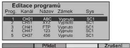 Editace programů Prog. Kanál Název Zámek Sys 1 CH21 ABC Vypnuto SC1 2 CH51 XYZ Vypnuto SC1 3 CH41 FTP Vypnuto SC1 4 CH47 123 Vypnuto SC1 5 CH37 456 Vypnuto SC1 Přídat Zrušení