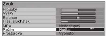 Žvuk Hloubky Výšky Balance Hlas. sluchátek MPX Nedostupný Režim Hudba Prostorově Vypnuto