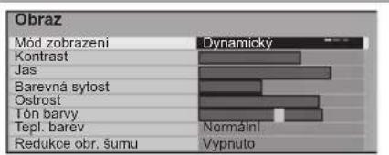 Obraz Mód zobrazeni Dynamicky Kontrast Jas Barevná sytost Orostost Tón barvy Tepl. barev Normální Redukce obr. šumu Vypnuto
