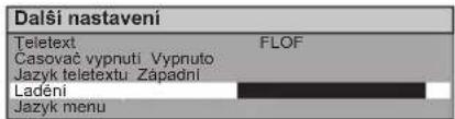 Dalši nastavení Teletext FLOF Casovač vypnuti Vypnuto Jazyk teletextu Západni Ladění Jazyk menu