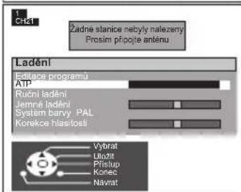 1 chění Žadne stanice nebyly nalezeny Prosím přípojte anténu Ladění Editace programů ATP Ruční ladění Jemné ladění Systám barvy PAL Korekce hlaslosti Vybrat Ulnizit Přístup Kořeš Navrat