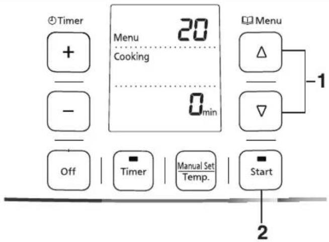 Timer + - Off Menu 20 Cooking 0min Menu △ - ▽ Timer Manual Set Temp. Start 1 2