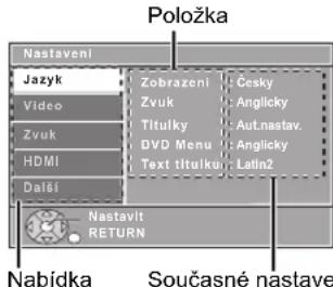 Položka Nastaveni Jazyk Video Zvuk HDMI Další Zobrazení : Cesky Zvuk : Anglicky Titulky : Aut.nastav. DVD Menu : Anglicky Text titulku : Latn2 Nastavit RETURN Nabídka Současné nastave