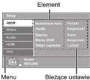 Element Setup Język Wideo Audio HDMI Inne Ustaw RETURN Myswietanie menu Audio Napisy Menu DVD Tekst napsów Polski Angielski Auto Angielski Latina2 Menu Bieżące ustawie