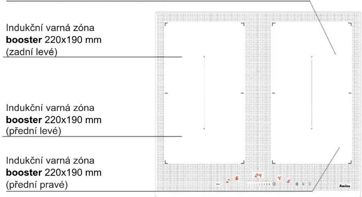 Indukční varná zóna booster 220x190 mm (zadní levé) Indukční varná zóna booster 220x190 mm (přední levé) Indukční varná zóna booster 220x190 mm (přední pravé)