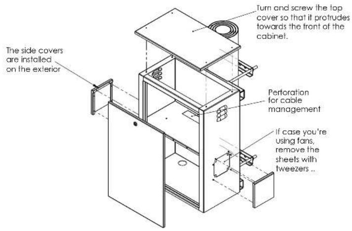The side covers are installed on the exterior Turn and screw the top cover so that if protrudes towards the front of the cabinet. Perforation for cable management If case you're using fans, remove the sheets with tweezers ..