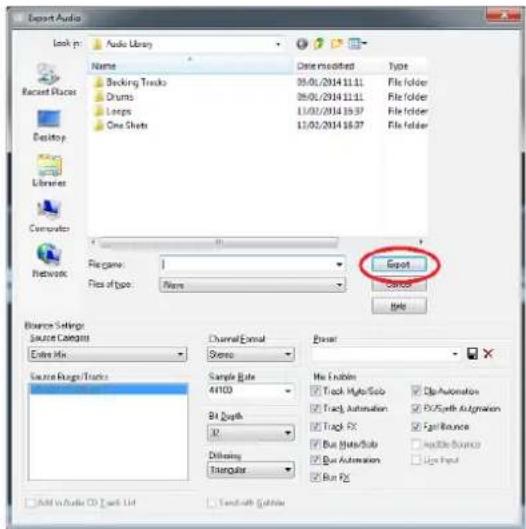 Export Audio Look in: Audio Library Name One msodited Type Backlog Tracks 30/01/2014 11:11 File folder Drums 30/01/2014 11:11 File folder Longs 11/01/2014 16:37 File folder One Shots 11/01/2014 16:37 File folder File name: File type: Name Export Cancel Help Source Settings Source Channels Close Mix Channel Email Scope Exper Source Range Tracks Sample Rate 4F102 Bit Depth 32 Diffacing Transpolar File Options Track Hydro/Solo Track Automation Track FX Bus Mode/Sub Bus Automation Bus FX Up Automatics DC/Earth Automation Fast Runce Available Source Up Input Add to Audio CD Work List SendTo Web