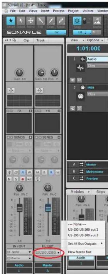 SONAR LE - [Best* - Track] File Edit Views Insert Process Project Utilities Window Select Select Mode Drop Address SNAR LE View Options 1:01:000 Audio Clips 2 MIDI Clips A Master B Metronone C Preview Modules Strips None --- US-200 US-200 cut 1 US-200 US-200 cut 3 Set All Bus Outputs New Stereo Bus Audio CLM U.S.000U2000 IN /OUT IN /OUT CLM U.S.000U2000 Master Audio Master A