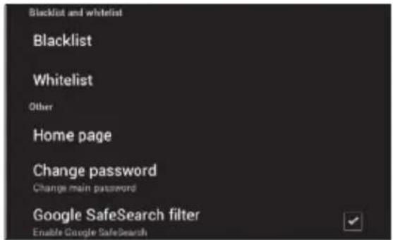 Blacklist and whitelist Blacklist Whitelist Other Home page Change password Change main password Google SafeSearch filter Enable Google SafeSearch