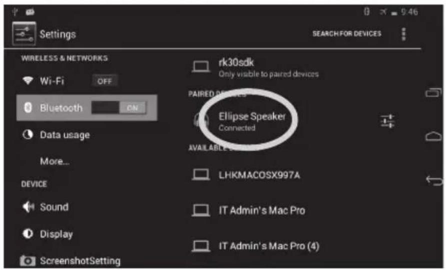Settings WIRELESS & NETWORKS Wi-Fi OFF Bluetooth ON Data usage More... DEVICE Sound Display ScreenshotSetting rk30sdk Only visible to paired devices PAIRED DEVICES Ellipse Speaker Connected AVAILABLE SOFTWARE LHKMACOSX997A IT Admin's Mac Pro IT Admin's Mac Pro (4) SEARCH FOR DEVICES