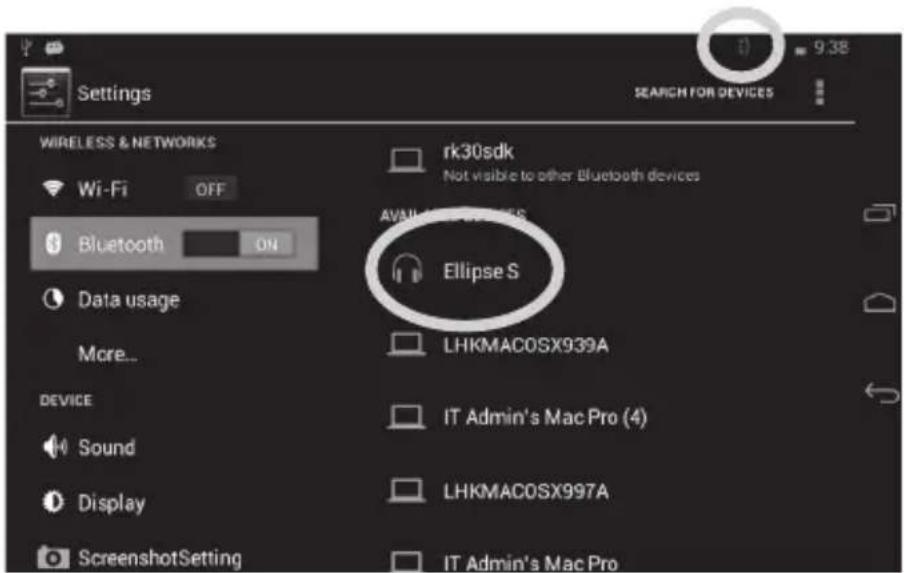 Settings WIRELESS & NETWORKS Wi-Fi OFF Bluetooth ON Data usage More... DEVICE Sound Display ScreenshotSetting rk30sdk Not visible to other Bluetooth devices Ellipse S LHKMACOSX939A IT Admin's Mac Pro (4) LHKMACOSX997A IT Admin's Mac Pro SEARCH FOR DEVICES 9:38
