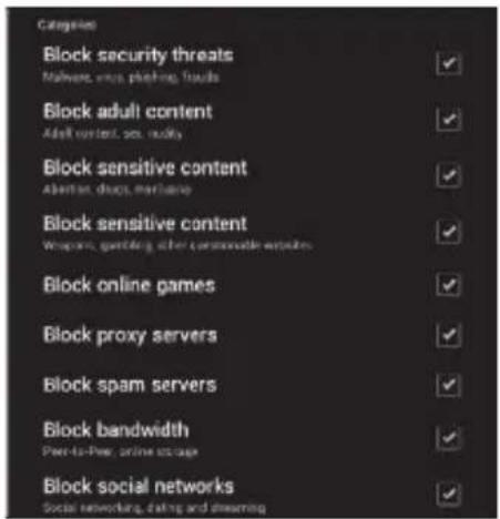 Categories Block security threats Malware, virus phishing, frauds Block adult content Adult content, sex, utility Block sensitive content Abortion, drugs, merchandise Block sensitive content Wrapages, gambling, other cosmetic products Block online games Block proxy servers Block spam servers Block bandwidth Peer-to-Peer, online package Block social networks Social networking, dating and dreaming