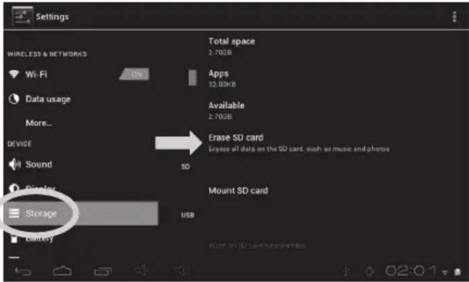 Settings WIRELESS & NETWORKS Wi-Fi Data usage More... DEVICE Sound Display Storage Battery Total space 2.70GB Apps 32.03KB Available 2.70GB Erase SD card Erase all data on the SD card, such as music and phones SD Mount SD card USB Water on SD card but not available