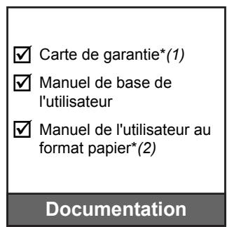 ✓ Carte de garantie*(1) ✓ Manuel de base de l'utilisateur ✓ Manuel de l'utilisateur au format papier*(2) Documentation