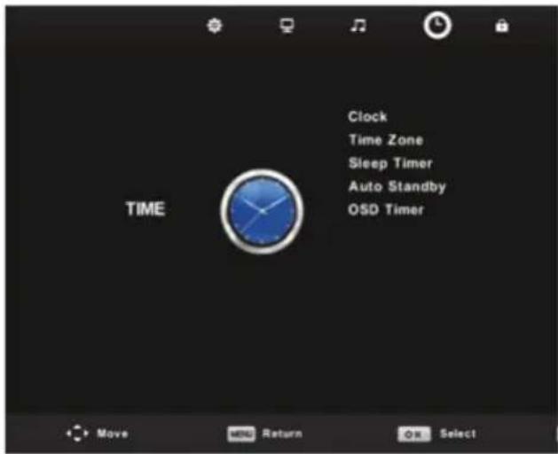 Clock Time Zone Sleep Timer Auto Standby OSD Timer TIME