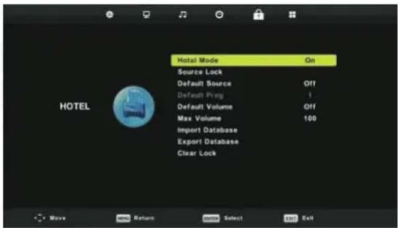 Hotel Mode On Source Lock Default Source Off Default Prog 1 Default Volume Off Max Volume 100 Import Database Export Database Clear Lock