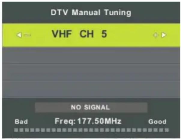 DTV Manual Tuning VHF CH 5 NO SIGNAL Bad Freq: 177.50MHz Good