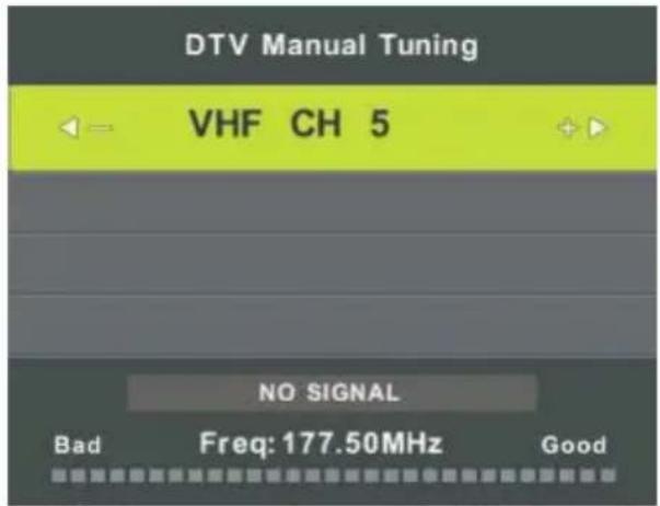 DTV Manual Tuning VHF CH 5 NO SIGNAL Bad Freq: 177.50MHz Good