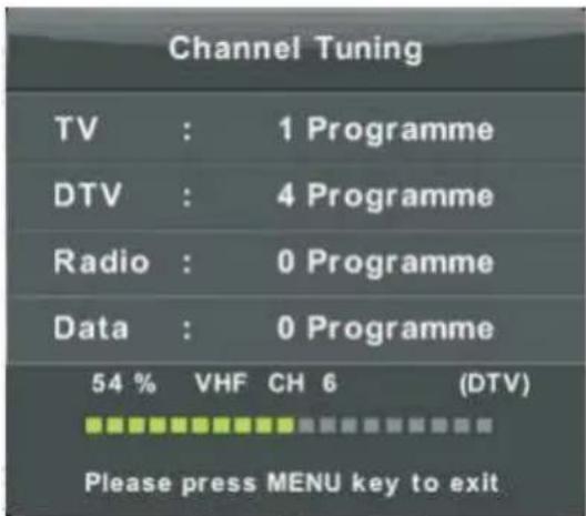 Channel Tuning TV : 1 Programme DTV : 4 Programme Radio : 0 Programme Data : 0 Programme 54 % VHF CH 6 (DTV) Please press MENU key to exit