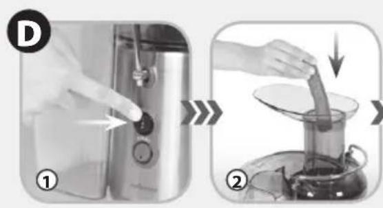 Diagram illustrating a kitchen appliance step: adding a brush to a container with liquid, followed by drying.
