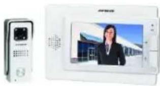 Front view of a white electronic device with a small screen displaying a person in business attire, next to a black-and-white remote control panel (no visible text or symbols)