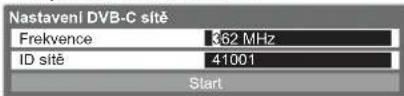 Nastaveni DVB-C sitě Frekvence 362 MHz ID sitě 41001 Start