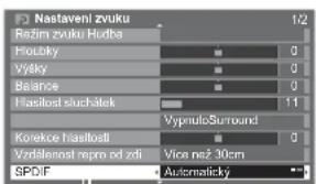 Nastaveni zvuku Režim zvuku Hudba Hioubyk Výáky Balance Hiasitos sluchátek VypnutoSurround Korekce hiasitosli Vzdálemat repro od zdi Vice než 30cm SPDIF Automatický