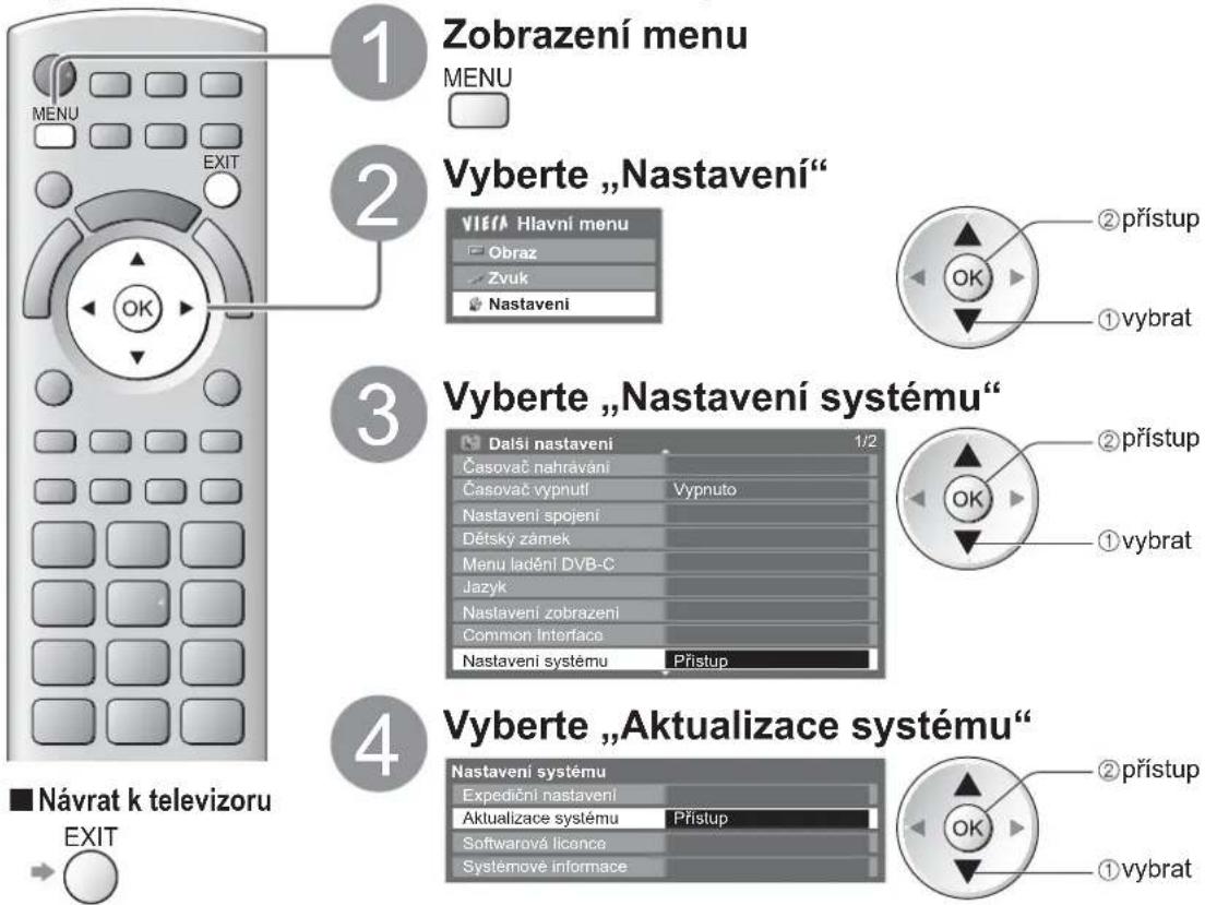 1 Zobrazení menu MENU 2 Vyberte „Nastavení“ VIEFA Hlavní menu Obraz Zvuk Nastavení 3 Vyberte „Nastavení systému“ Další nastavení 1/2 Časovač nahrávání Časovač vypnutí Vypnuto Nastavení spojení Dětsky zámek Menu ladění DVB-C Jazyk Nastavení zobrazení Common Interface Nastavení systému Prístup 4 Vyberte „Aktualizace systému“ Nastavení systému Expediční nastavení Aktualizace systému Prístup Softwarová licence Systémové informace ■ Návrat k televizoru EXIT ① vybrat ② přístup OK ① vybrat OK ② přístup OK ① vybrat