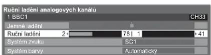 Rueční ladění analogových kanálu 1 BBC1 Jemné ladění Rueční ladění 2 System zvuku System barvy 78 | 1 SC1 Automatický +41 CH33