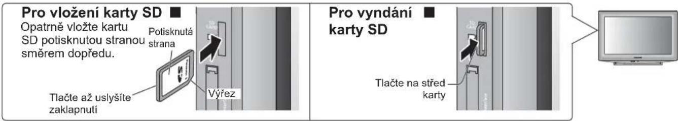 Pro vložení karty SD Opatrně vložte kartu SD potisknutou stranou směrem dopředu. Potisknutá strana Tlačte až uslyšite zaklapnutí Výřez Pro vyndání karty SD Tlačte na střed karty