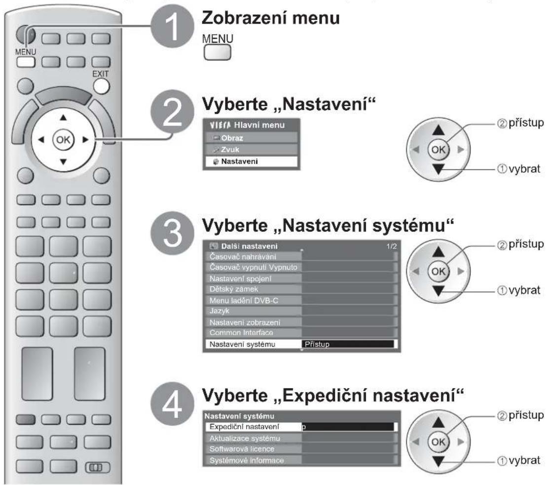 1 Zobrazení menu MENU EXIT 2 Vyberte „Nastavení“ VIERA Hlavní menu Obraz Zvuk Nastaveni ② přístup OK ① vybrat 3 Vyberte „Nastavení systému“ Další nastavení 1/2 Časovač nahrávání Časovač vypnutí Vypnuto Nastavení spojení Dětský zamek Menu ladění DVB-C Jazyk Nastavení zobrazení Common Interface Nastavení systému Přístup ② přístup OK ① vybrat 4 Vyberte „Expediční nastavení“ Nastavení systému Expediční nastavení p Aktualizace systému Softwarová licence Systémové informace ② přístup OK ① vybrat