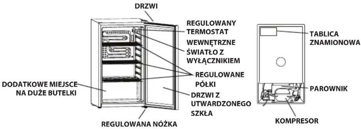 DRZWI REGULOWANY TERMOSTAT WEWNETRZNE ŚWIATŁO Z WYŁĄCZNIKIEM DODATKOWE MIEJSCE NA DUŻE BUTELKI REGULOWANE PÓŁKI DRZWI Z UTWARDZONEGO SZKŁA REGULOWANA NÓŻKA TABLICA ZNAMIONOWA PAROWNIK KOMPRESOR